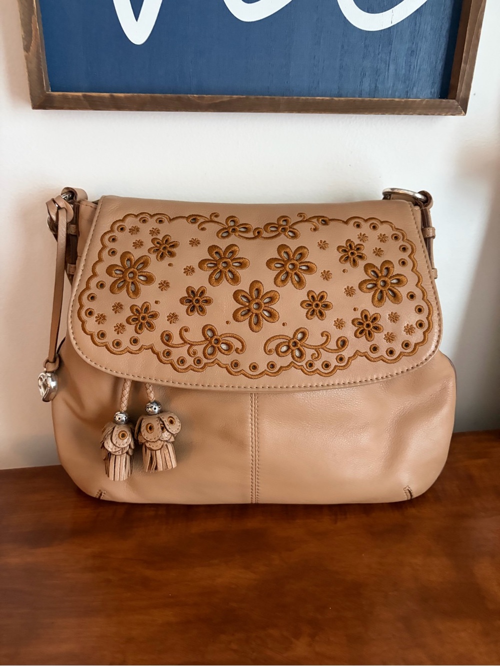 Brighton Floral Laser-Cut Leather Crossbody in Tan